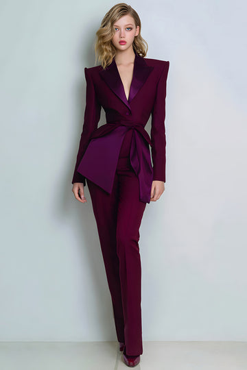 2-Piece Burgundy Women Suits With Belt